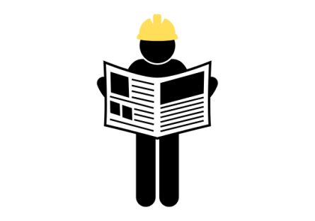 Human figure with hard hat reading newspaper